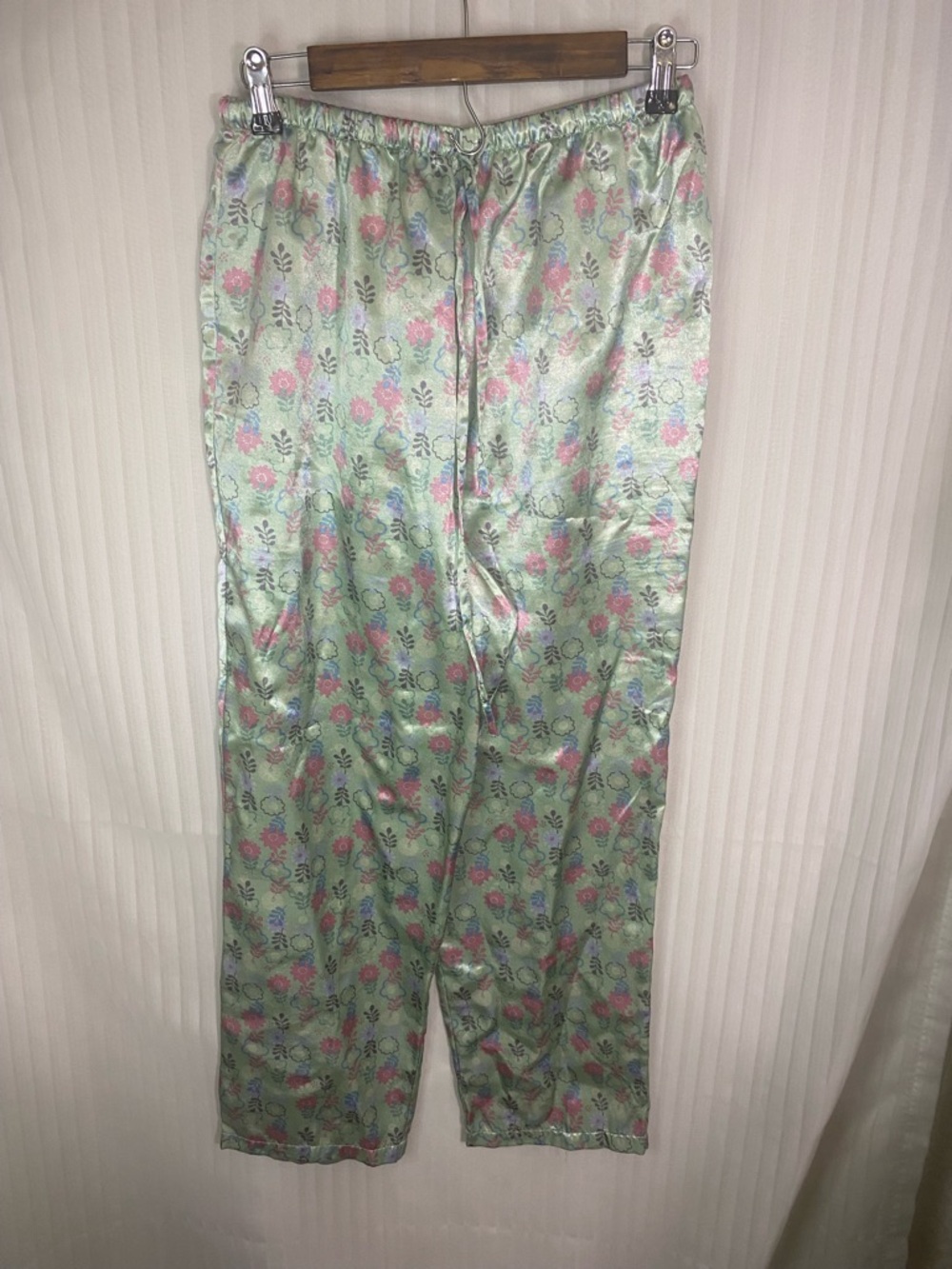 Satin Floral Pajama Pants in Mint Green and Pink